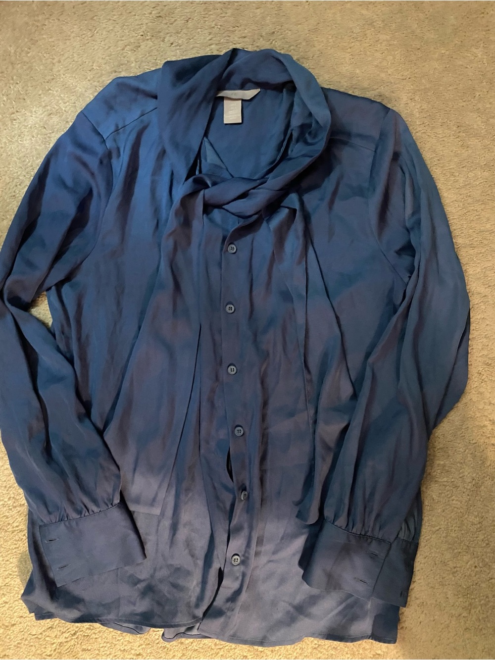 Navy Button-Up Blouse with neck tie